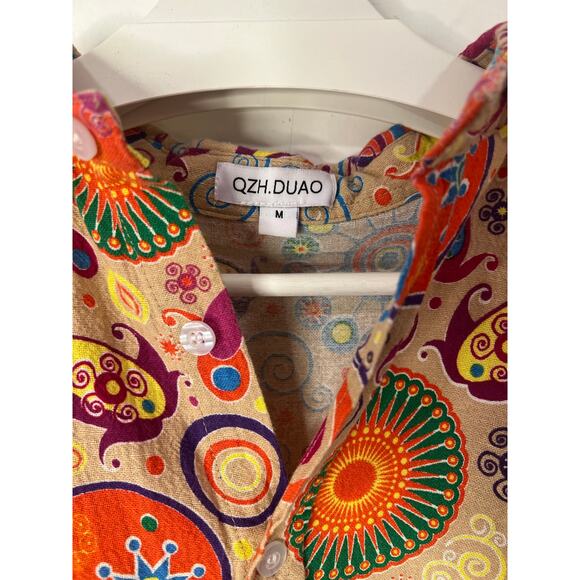 Mens Vintage Retro 70s Style Shirt Slim Pockets Cotton Linen Medium - Picture 4 of 6